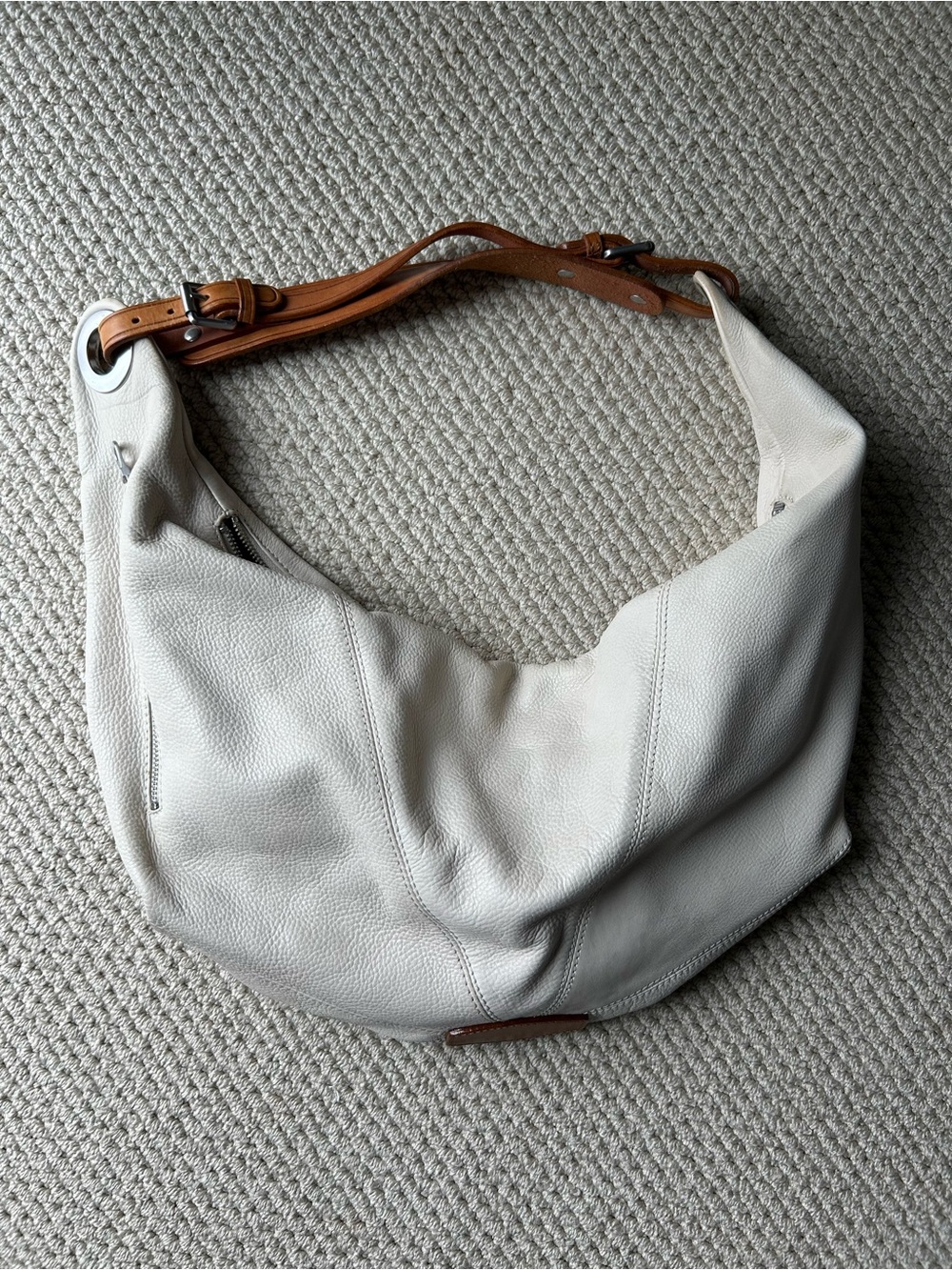 Pebbled Leather Hobo Shoulder Bag in bone with Tan Strap